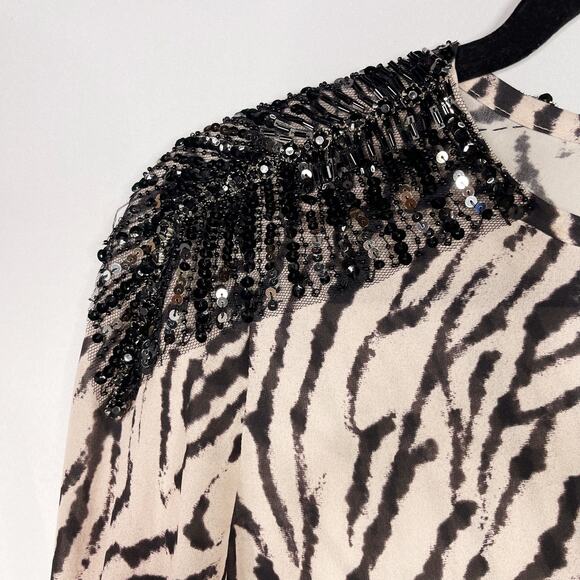 Haute Hippie Small S Silk Zebra Printed Long Sleeve Blouse Sequin Buff Black - Picture 6 of 15